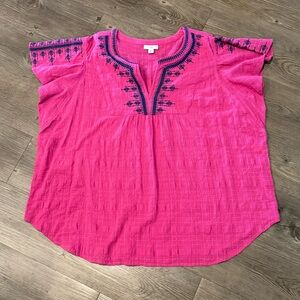 J. Jill Women’s Embroidered Split-Neck Top - Hot Pink